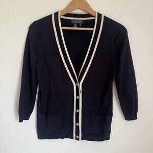 Lauren Ralph Lauren Silk Navy Cardigan XS Quiet Luxury Preppy Dark Academia